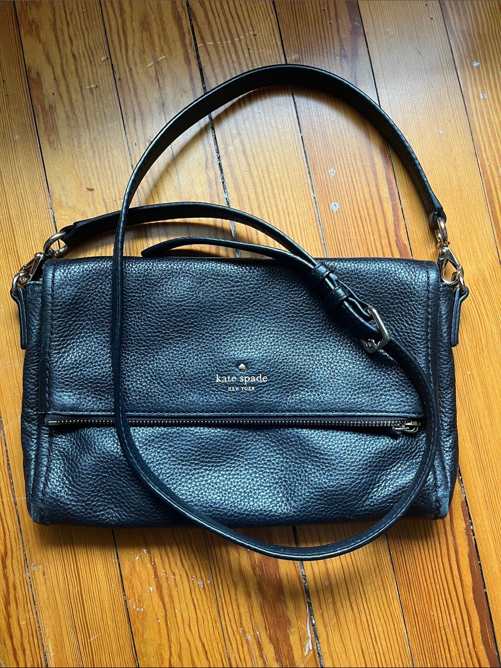 kate spade Black Pebbled Leather Shoulder Bag with Front Zip